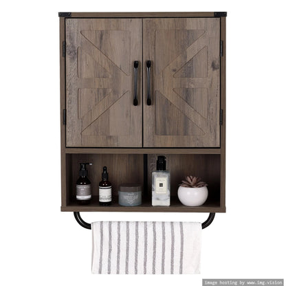 Rustown Farmhouse Wall Storage Cabinet with Two Barn Door, Rustic Mounted Medicine Cabinet with Adjustable Shelf and Towel Bar, 3-Tier Wood Cabinet for Kitchen, Bathroom, Living Room (Washed Oak)