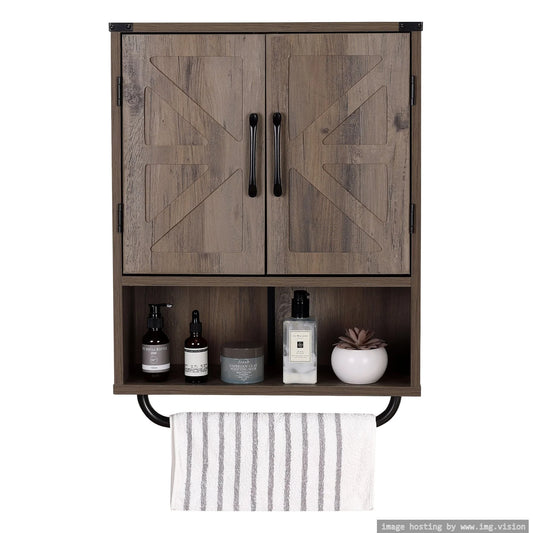 Rustown Farmhouse Wall Storage Cabinet with Two Barn Door, Rustic Mounted Medicine Cabinet with Adjustable Shelf and Towel Bar, 3-Tier Wood Cabinet for Kitchen, Bathroom, Living Room (Washed Oak)