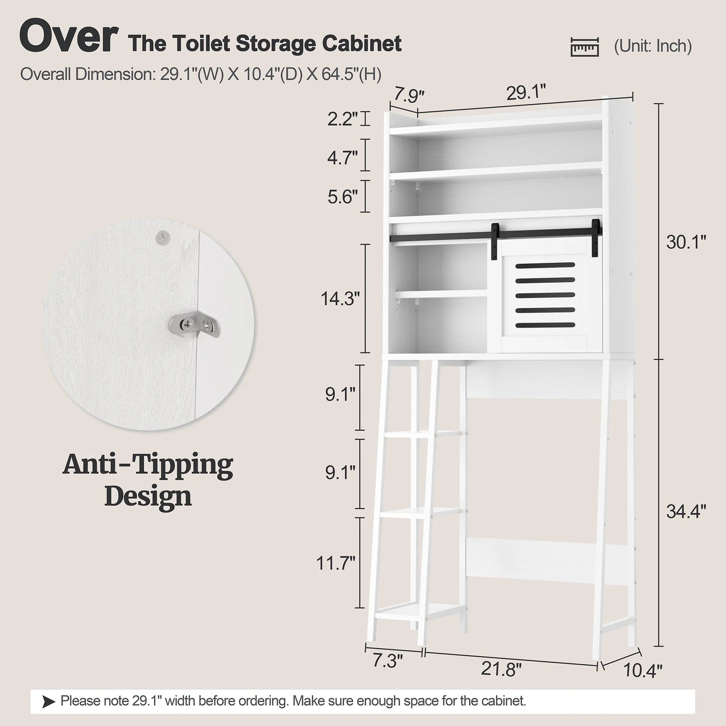 Walsunny Over the Toilet Storage Cabinet with Sliding Barn Door Side Shelves Bathroom Restroom Toilet Shelf Organizer Rack Space Saver Freestanding White