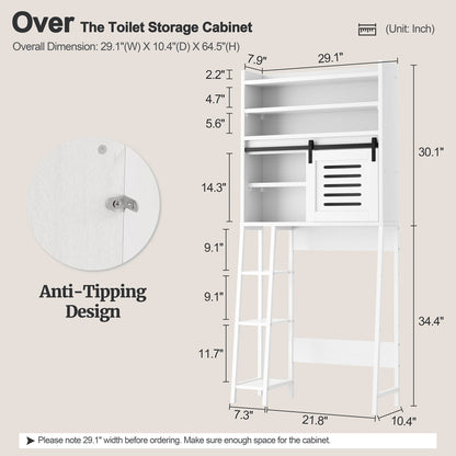 Walsunny Over the Toilet Storage Cabinet with Sliding Barn Door Side Shelves Bathroom Restroom Toilet Shelf Organizer Rack Space Saver Freestanding White