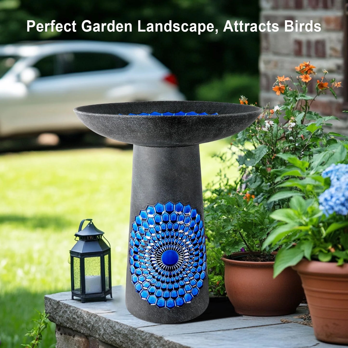 EFISPSS Ceramic Outdoor Bird Bath with Diamond and Blue Decor
