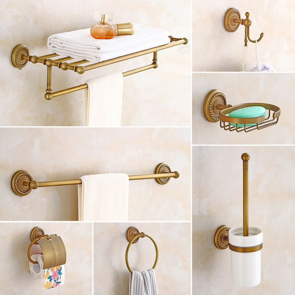 7 Antique Bathroom Accessory Bathroom Hardware Set Brass Carved Towel Bar Shelf 7PCS Antique Bathroom Accessories Bath Hardware Set Carved Brass Towel Rack Bar Gold Bathroom Accessories Set Toilet