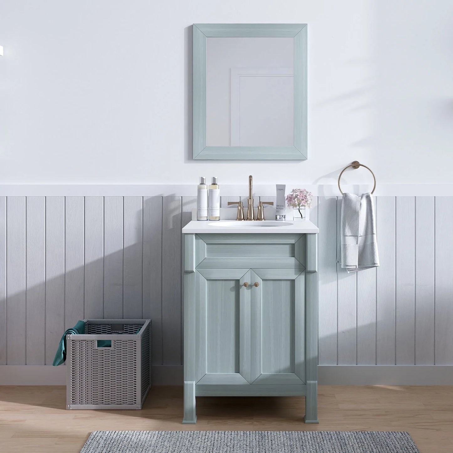 Hanover Callimont 24'' Vanity Cabinet with Sink Combo for Bathroom, Powder Room | Pre-Assembled Cabinet | Accent Mirror | Artificial Stone Countertop | Blue Cabinet | HANVN0106-24-0BL