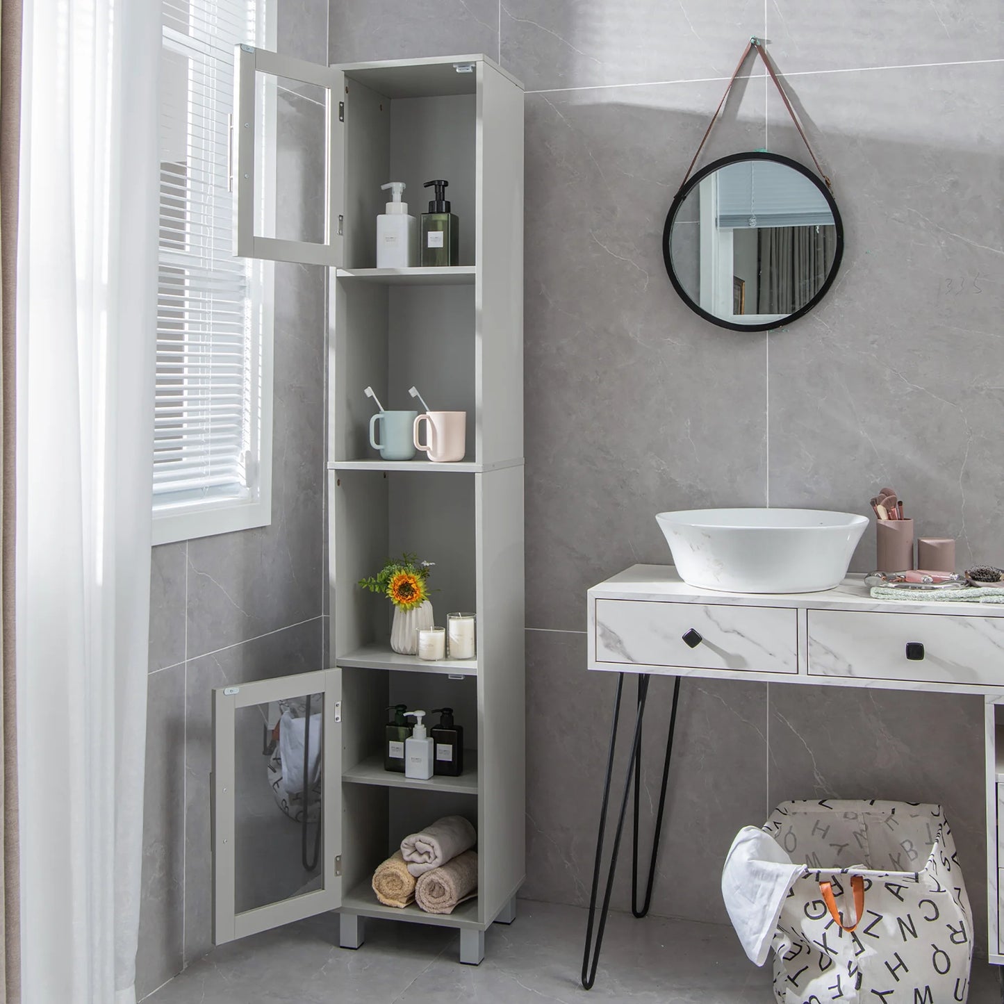 Costway 71'' Tall Tower Bathroom Storage Cabinet Organizer Display Shelves Bedroom Grey