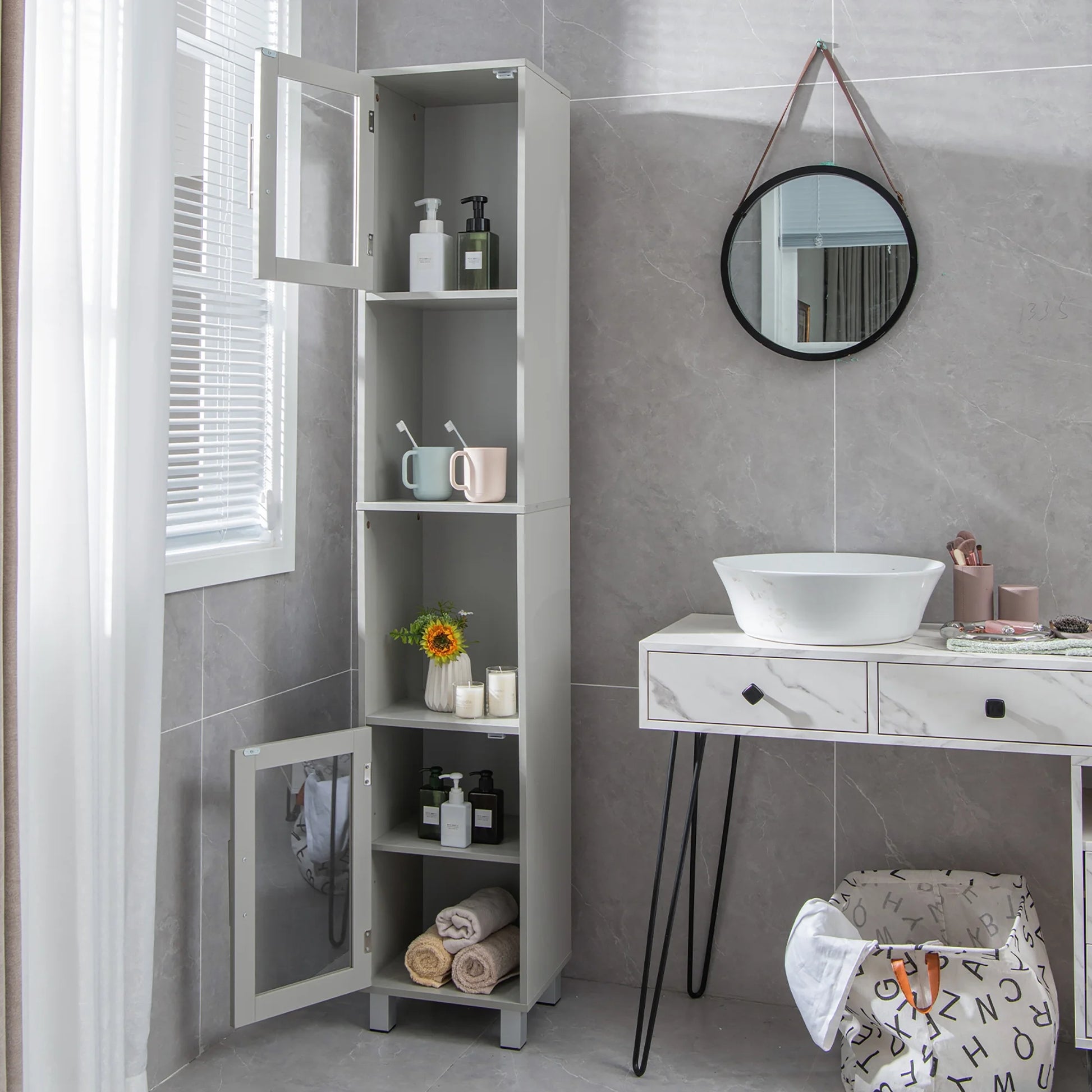 Costway 71'' Tall Tower Bathroom Storage Cabinet Organizer Display Shelves Bedroom Grey