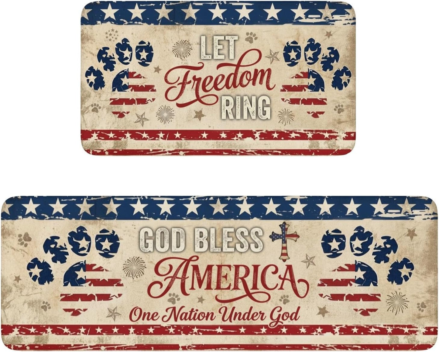 4th of July Kitchen Mats for Floor 2 Piece, Patriotic Fourth of July Kitchen Rugs Non Slip Washable Independence Day Home Decor Bathroom Runner Outdoor Door Mat