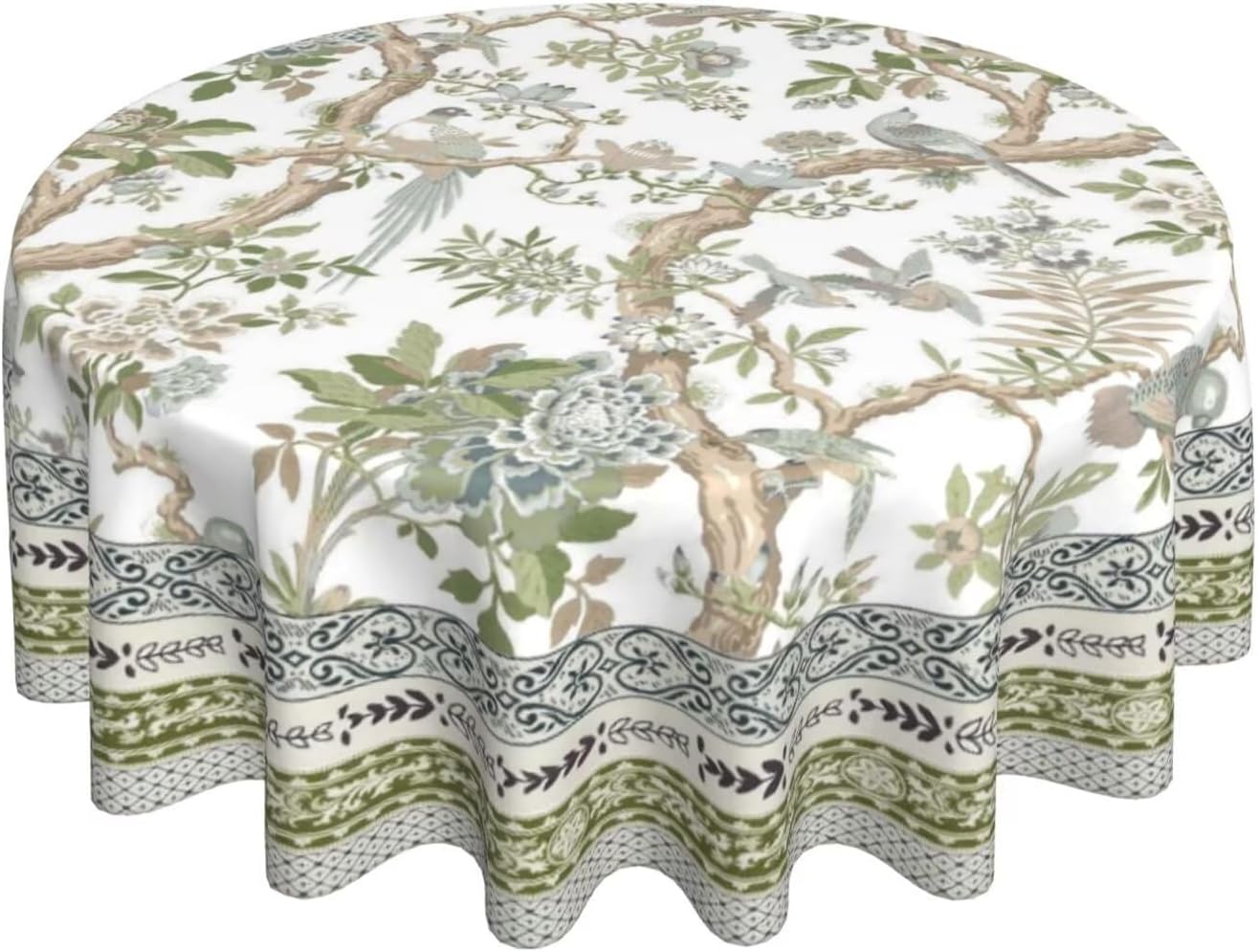 Spring Chinoiserie Floral Round Tablecloth 70 Inch Bird Tree Flower Pattern Table Cover Sage Green Branch Washable Decoration Tablecloth Indoor and Outdoor Dining Table Home Party Decor