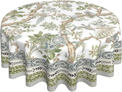 Spring Chinoiserie Floral Round Tablecloth 70 Inch Bird Tree Flower Pattern Table Cover Sage Green Branch Washable Decoration Tablecloth Indoor and Outdoor Dining Table Home Party Decor