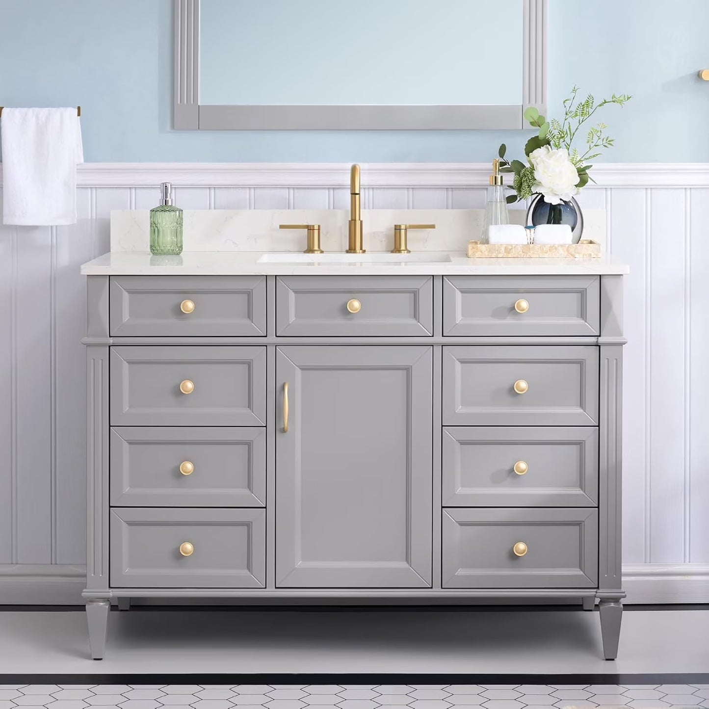 FORCLOVER 36" Bathroom Vanity with Sink Top Combo Set, Freestanding Solid Wood Bathroom Makeup Cabinet W/ 1 Soft-Close Door and 3 Soft-Close Drawers, Carrara White Quartz Countertop, Grey