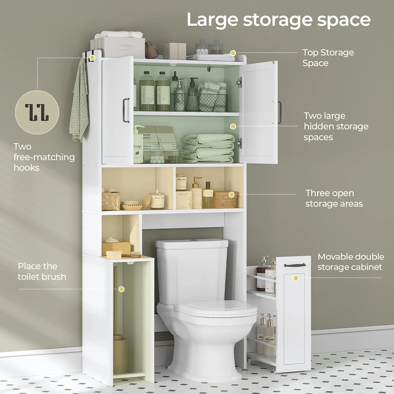 Frhnenha Over The Toilet Storage Cabinet with Pulley, Bathroom Storage Cabinet, with Adjustable Shelf and Open Shelf for Bathroom, Restroom, Laundry, White