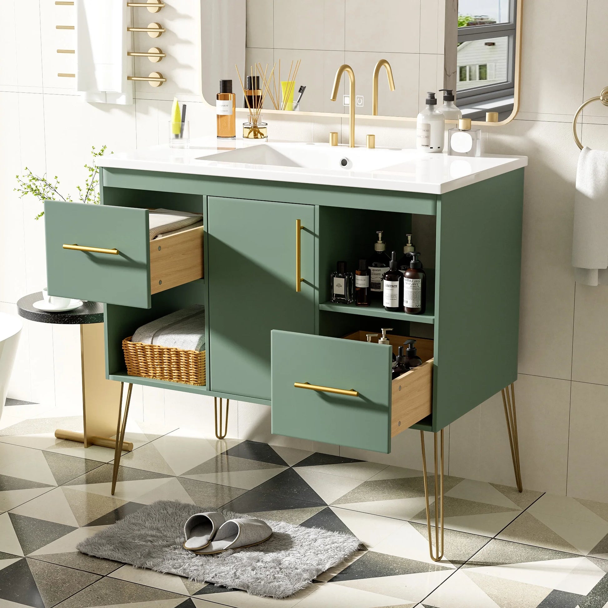 Euroco 36'' Bathroom Vanity with Resin Sink Combo Set, Modern Freestanding Single Bathroom Cabinet with 2 Drawers & 2 Storage Compartments, Storage Cabinet for Bathroom, Solid Wood Frame Vanity Set