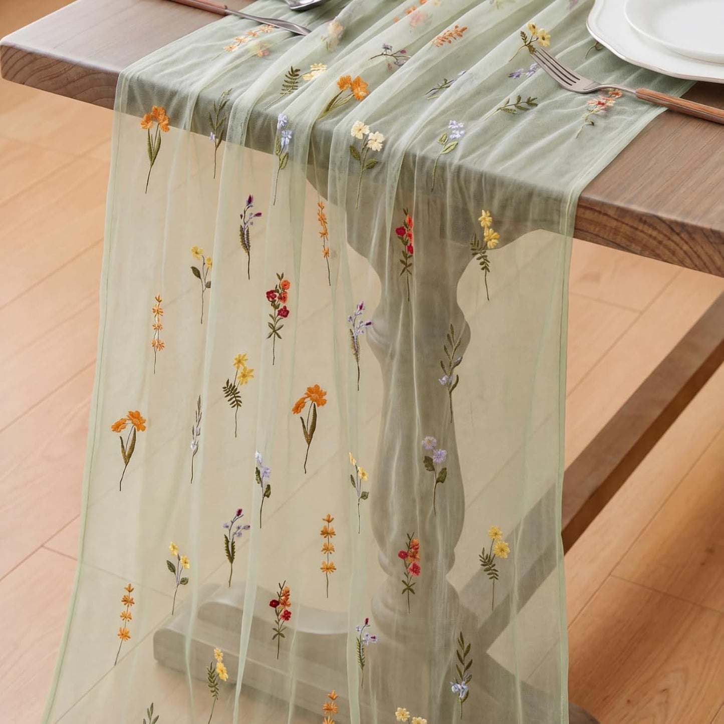 Boao 1 Pcs Wildflower Table Runner Embroidery Tulle Spring Summer Table Runner 120 Inch 10 ft Kitchen Dining Decoration for Wedding Baby Shower Bridal Shower Home Decor Birthday Party