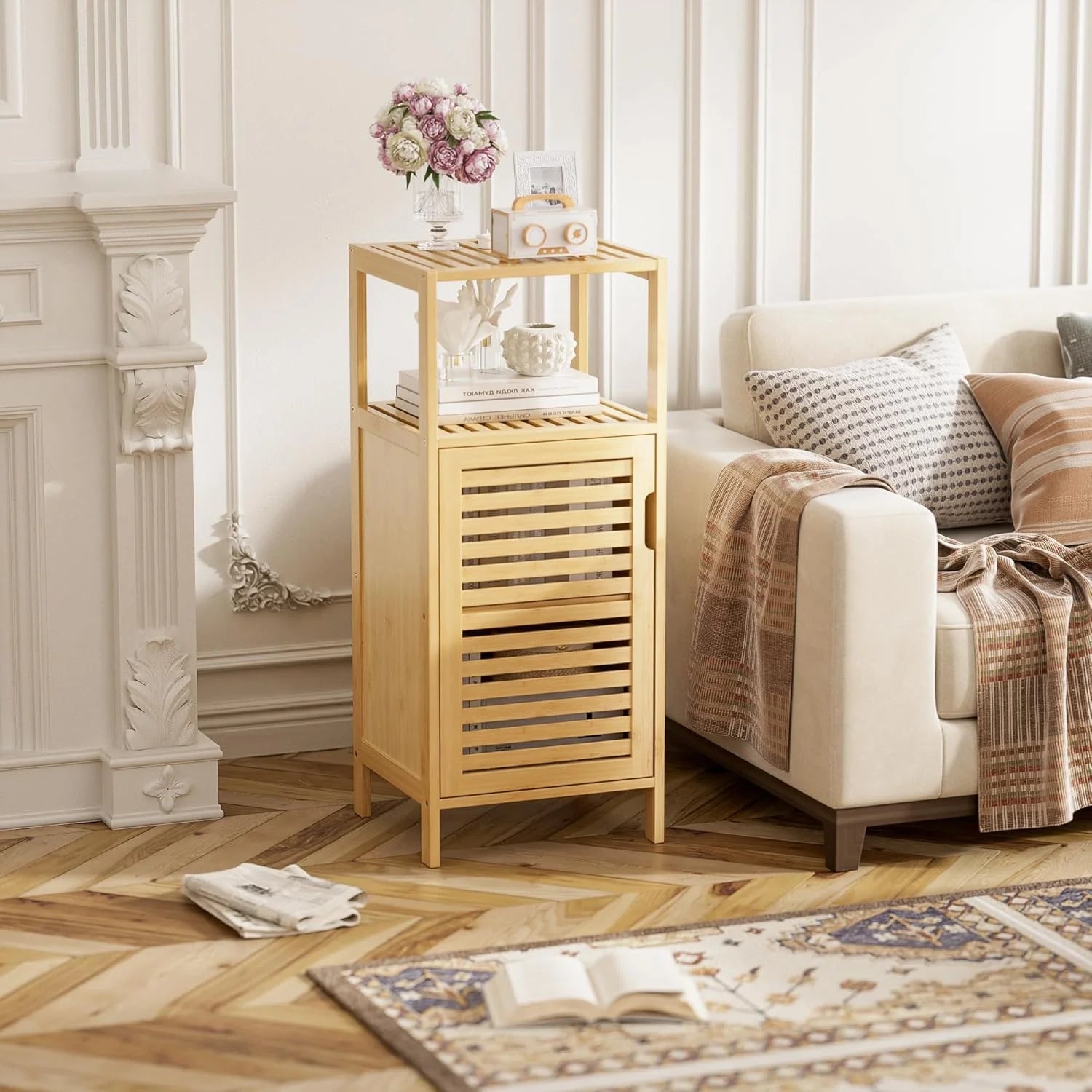 Bathroom Cabinet, Bamboo Floor Cabinet Free Standing, 4 Tier Sofa Side Storage Cupboard for Living Room Kitchen Bedroom