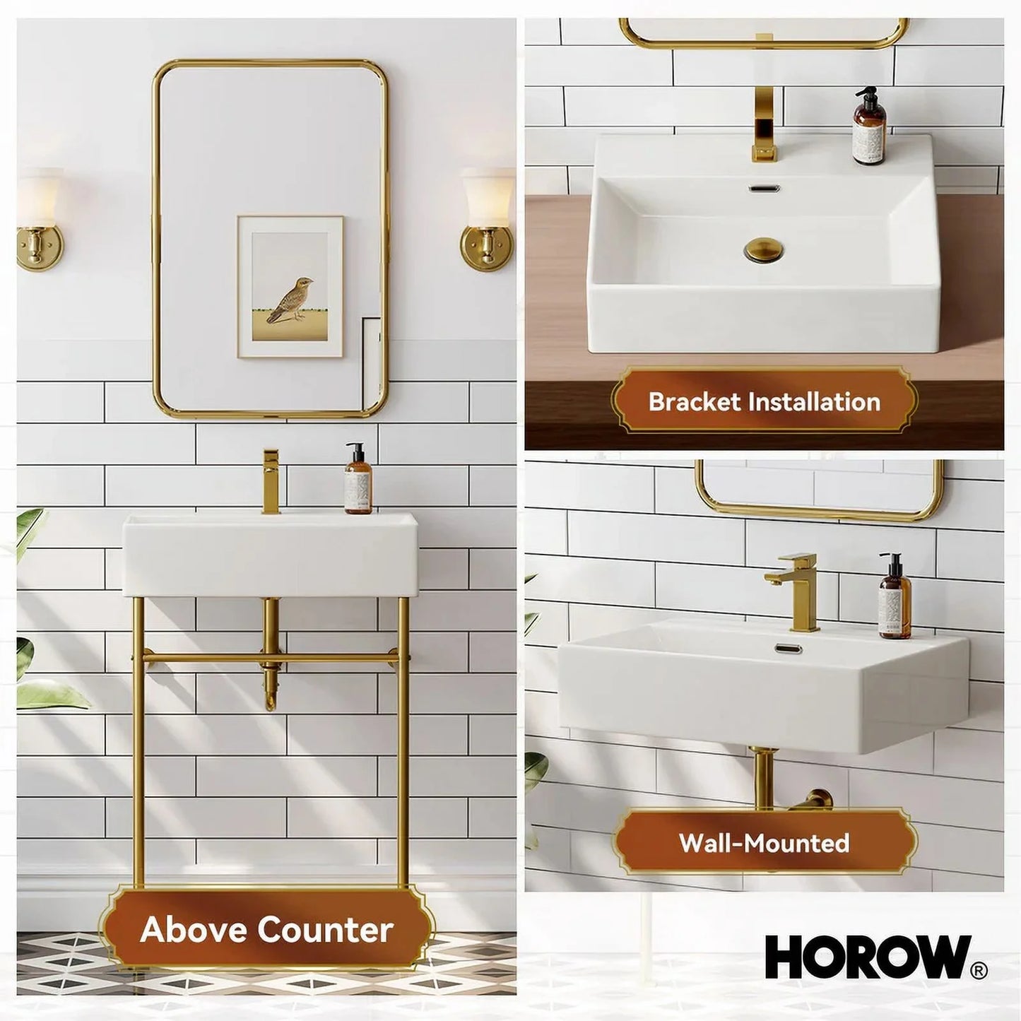 HOROW 24" Console Bathroom Sink,Free Standing 30 Inch Stainless Steel Support Pedestal Legs, Matte Black