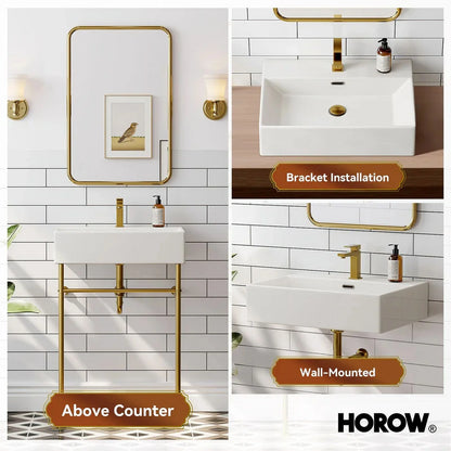 HOROW 24" Console Bathroom Sink,Free Standing 30 Inch Stainless Steel Support Pedestal Legs, Matte Black