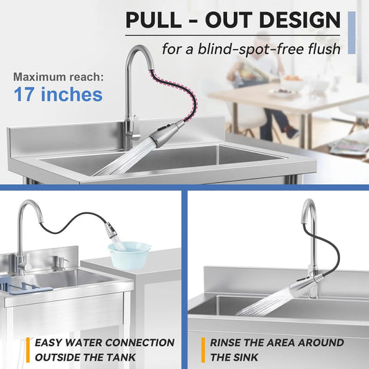 Stainless Steel Utility Sink Commercial Kitchen Single Bowl Sink with Cold and Hot Water Faucet Hoses and Drain Kit Complete Base Plate for Kitchens,Bathrooms,Laundry Room