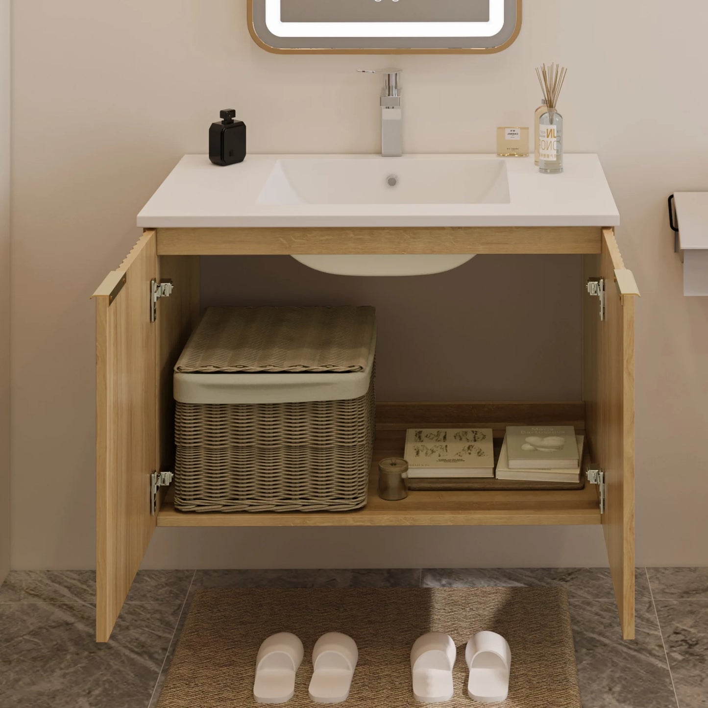 Modern Bathroom Vanity with Wavy Textured Doors - Wall Mounted Floating Cabinet, Soft-Close Waterproof Storage for Small Bathroom, Easy Install (Nature with Sink, 30)