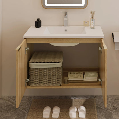 Modern Bathroom Vanity with Wavy Textured Doors - Wall Mounted Floating Cabinet, Soft-Close Waterproof Storage for Small Bathroom, Easy Install (Nature with Sink, 30)