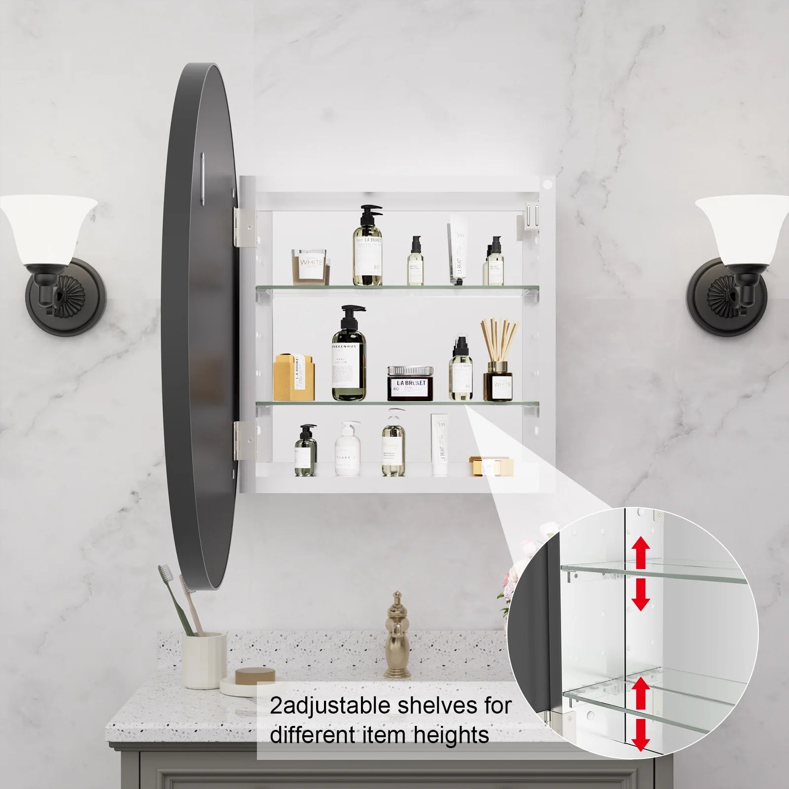 WallBeyond Bathroom Medicine Cabinet with Round Mirror Aluminum Framed 28", Gold
