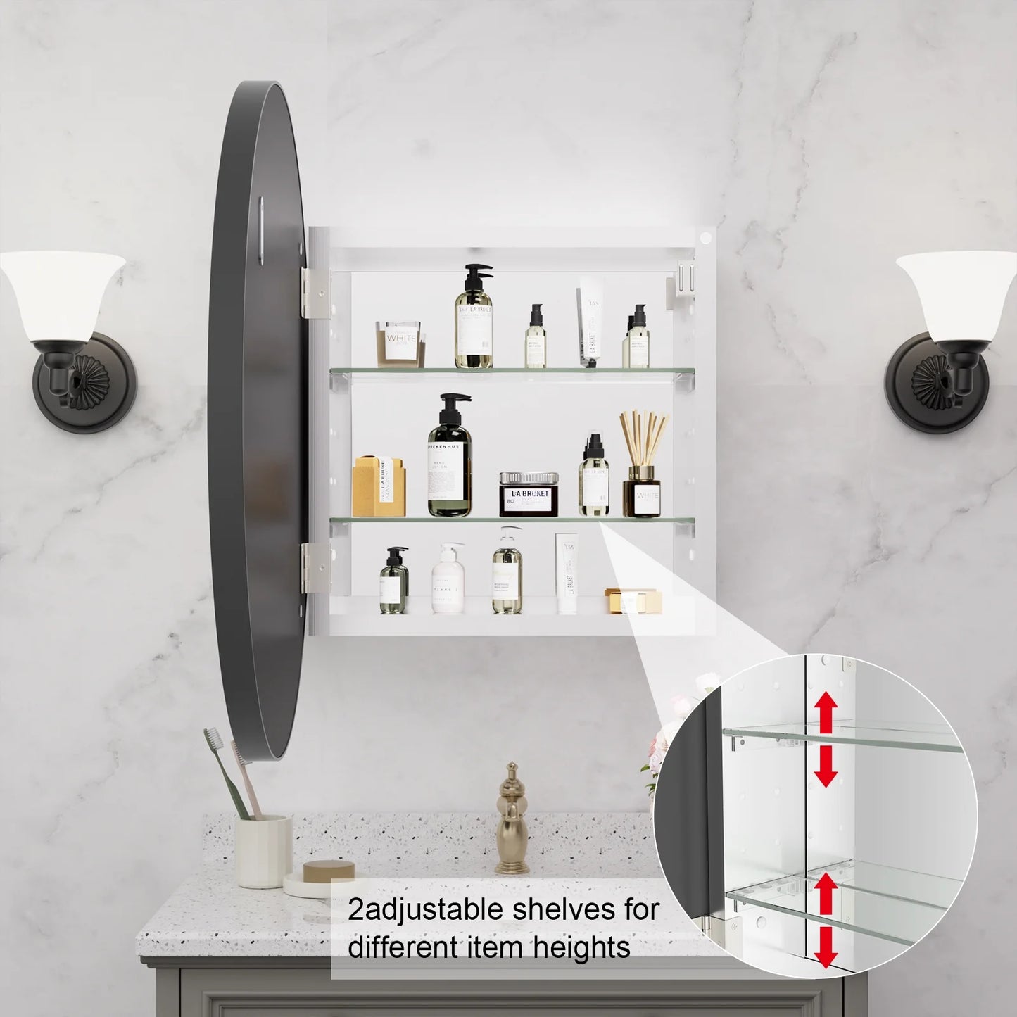 WallBeyond Bathroom Medicine Cabinet with Round Mirror Aluminum Framed 24", Gold