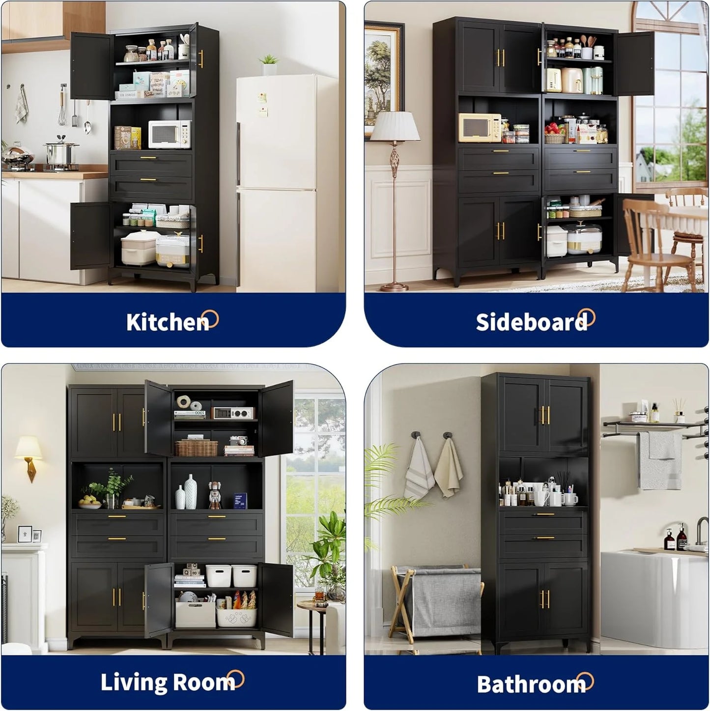 75�� Tall Kitchen Pantry Storage Cabinet, Metal Storage Cabinet with 2 Drawers and Adjustable Shelves, Kitchen Pantry Cupboard, Freestanding Cupboard for Bathroom, Living Room(Black)
