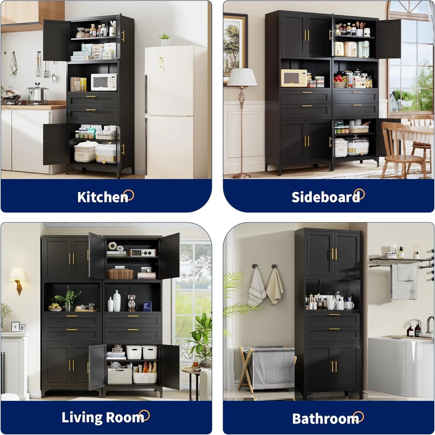 75�� Tall Kitchen Pantry Storage Cabinet, Metal Storage Cabinet with 2 Drawers and Adjustable Shelves, Kitchen Pantry Cupboard, Freestanding Cupboard for Bathroom, Living Room(Black)