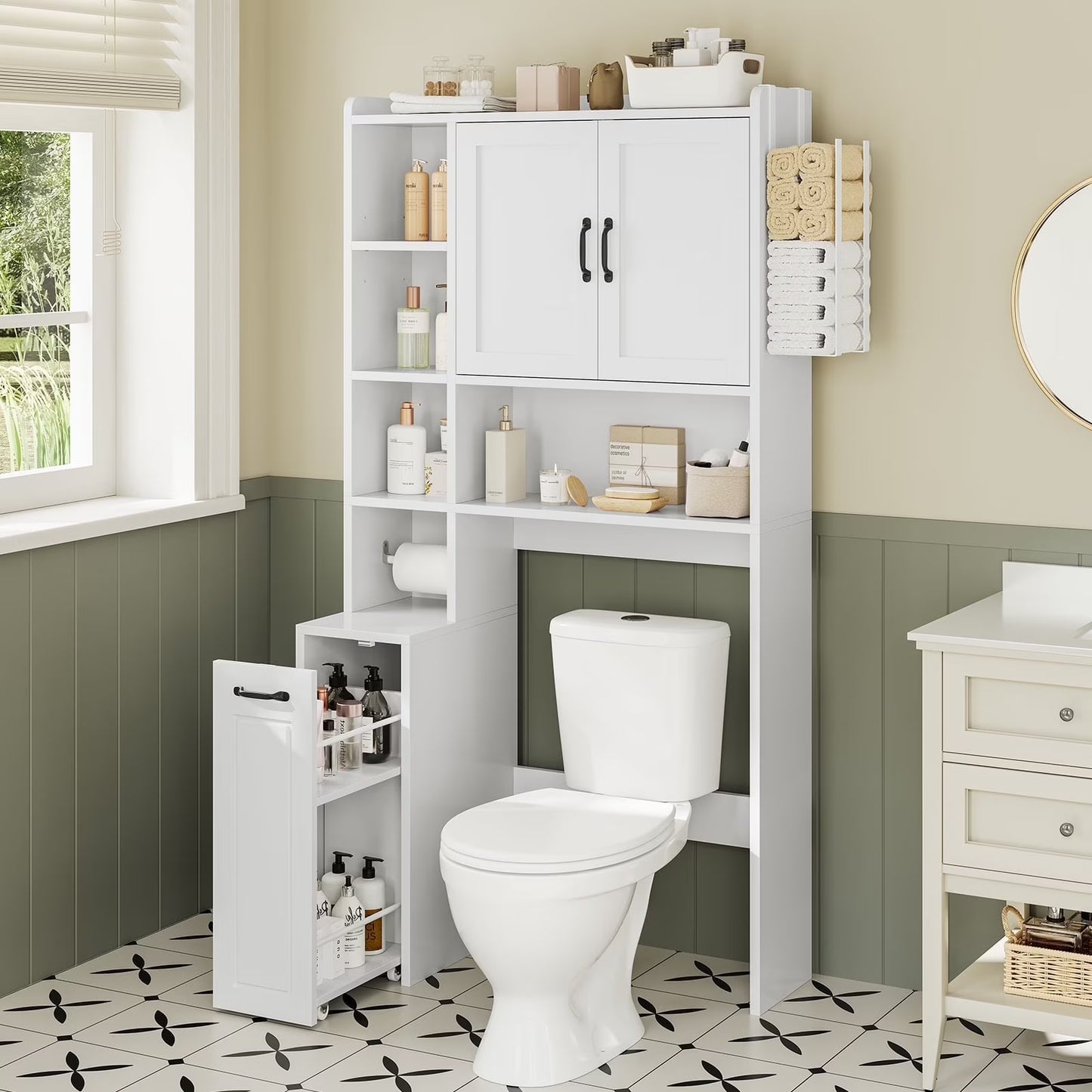 Frhnenha Over The Toilet Storage Cabinet with Pulley, Bathroom Storage Cabinet, with Adjustable Shelf and Open Shelf for Bathroom, Restroom, Laundry, White