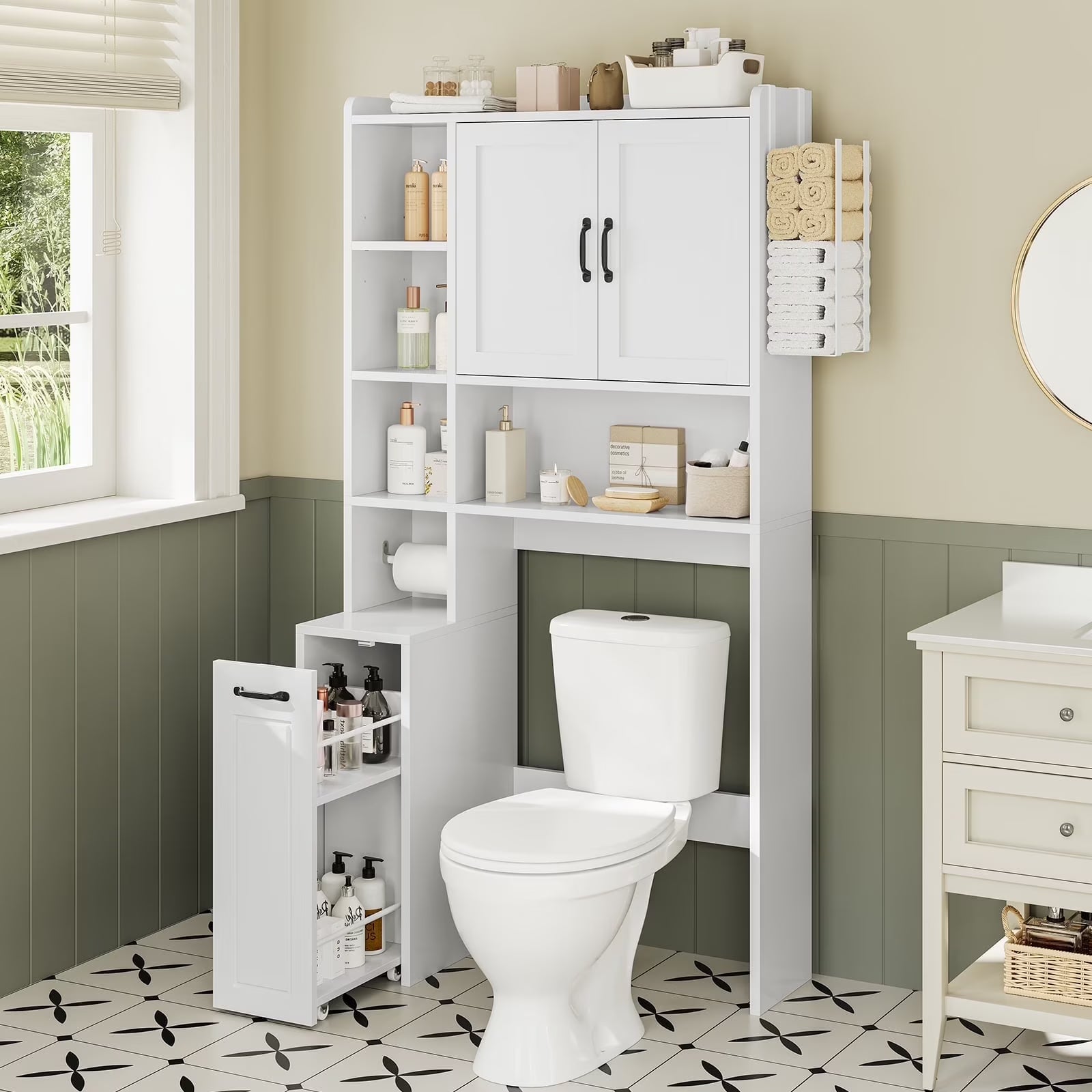 Frhnenha Over The Toilet Storage Cabinet with Pulley, Bathroom Storage Cabinet, with Adjustable Shelf and Open Shelf for Bathroom, Restroom, Laundry, White