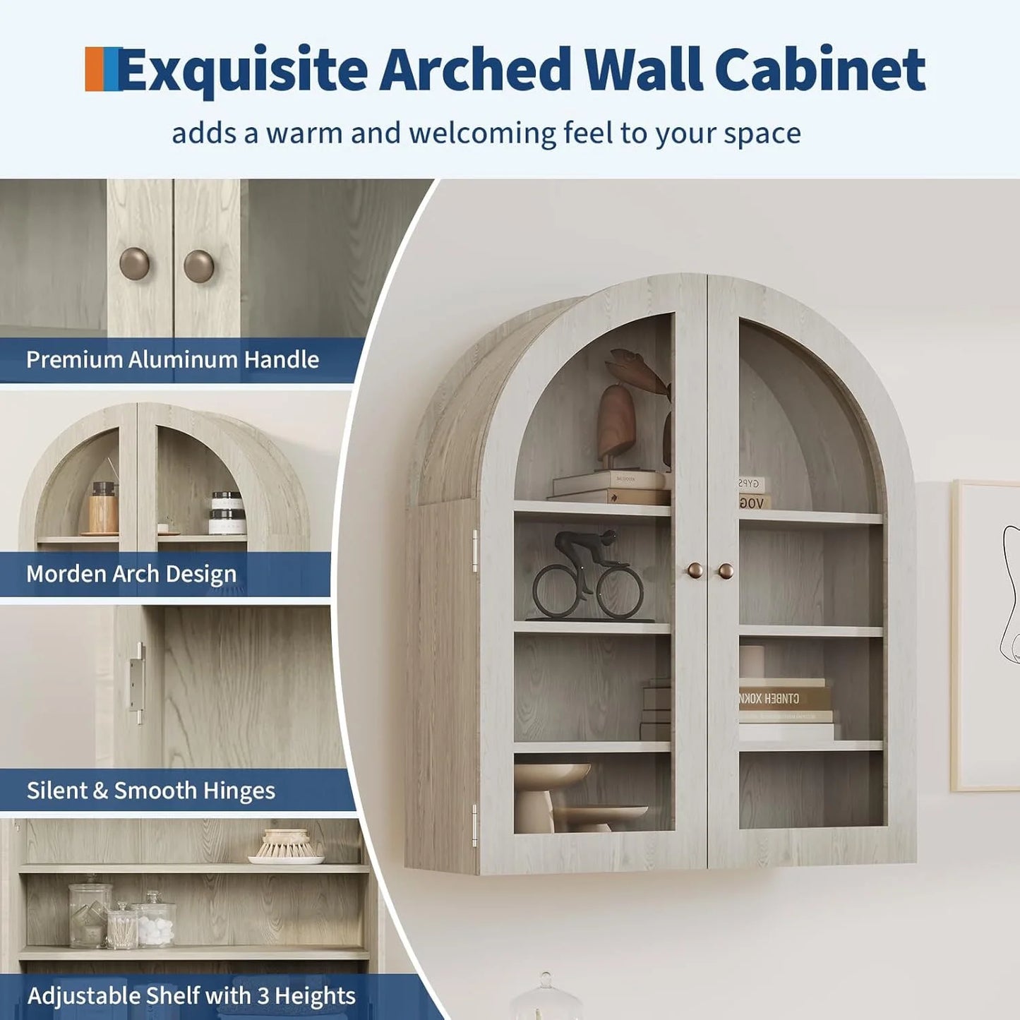 Arched Wall Mounted Bathroom Cabinet, Bathroom Wall Mounted Cabinet Over Toilet Storage Organizer Modern 4-Tier Wall Hanging Storage Organizer Medicine Cabinet Hanging Cabinet 24"w x 28''h x 9''d