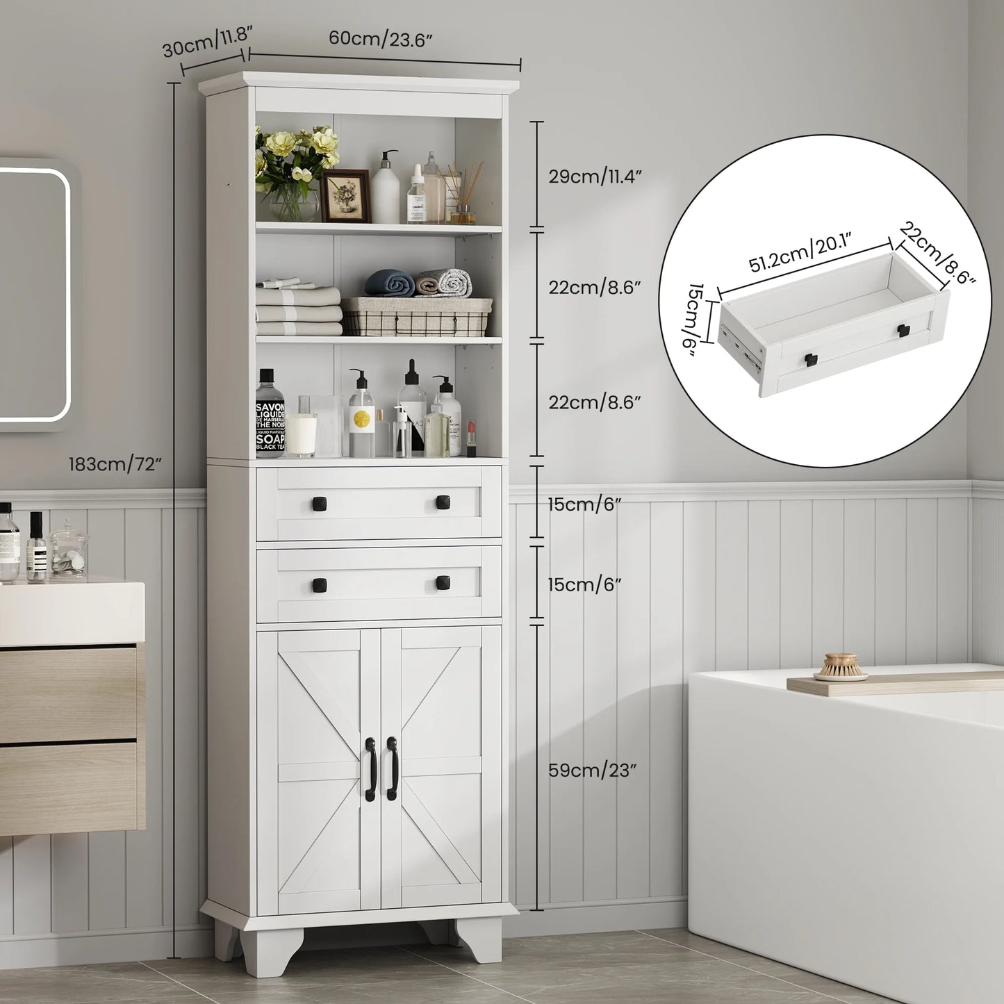 IDEALSOUL Tall Storage Cabinet, 72" Farmhouse Bathroom Storage with 2 Drawers, Adjustable Shelves & Barn Door, Cabinet for Bathroom, Living Room, Kitchen, off-White