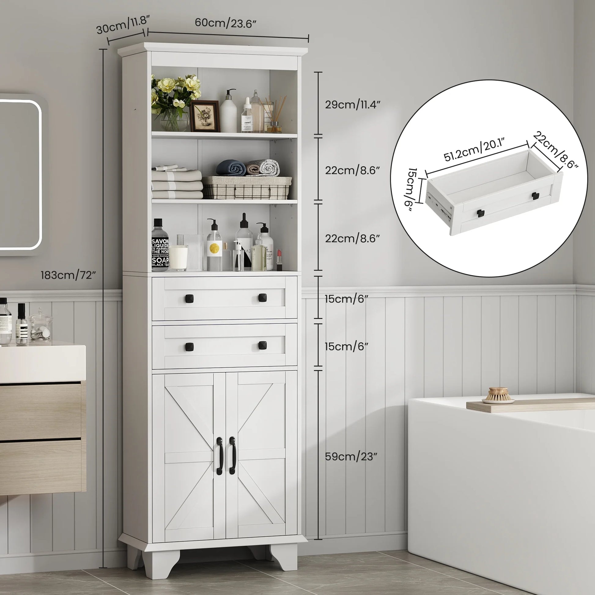 IDEALSOUL Tall Storage Cabinet, 72" Farmhouse Bathroom Storage with 2 Drawers, Adjustable Shelves & Barn Door, Cabinet for Bathroom, Living Room, Kitchen, off-White