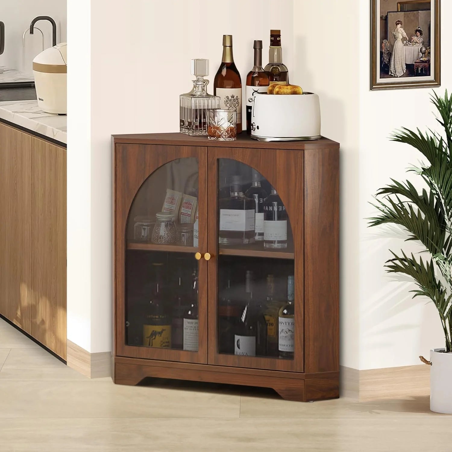 Mid Century Modern Corner Cabinet, Freestanding Curved Corner Storage Shelf with Doors and Adjustable Shelves, Farmhouse Storage Cabinet for Living Room Kitchen Bathroom (Walnut)