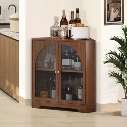 Mid Century Modern Corner Cabinet, Freestanding Curved Corner Storage Shelf with Doors and Adjustable Shelves, Farmhouse Storage Cabinet for Living Room Kitchen Bathroom (Walnut)