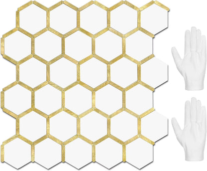 Hexagon Peel and Stick on Backsplash for Kitchen and Bathroom, White Marble Look PVC Mixed Metal Gold Self Adhesive Metal Mosaic Tiles(10 Sheets, Seamless)