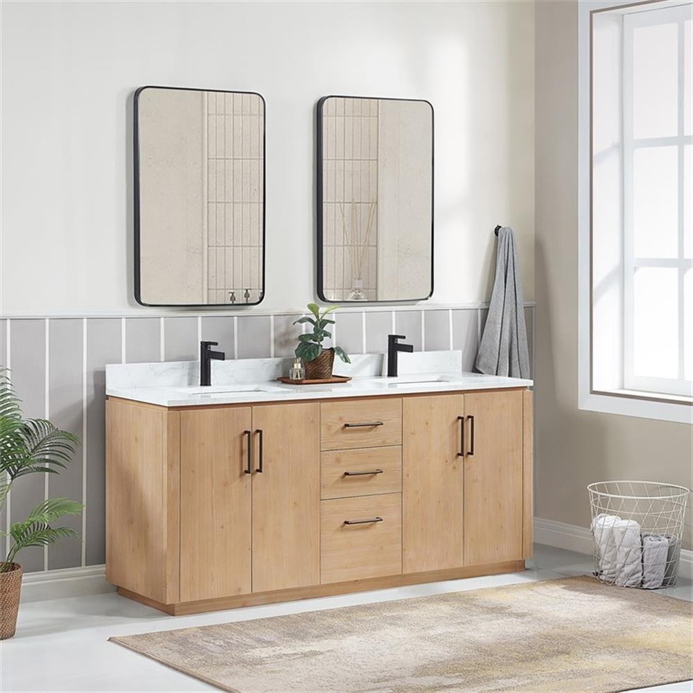 Vinnova San 72" Double Sink Wood Bath Vanity with Grain Stone in Brown/White