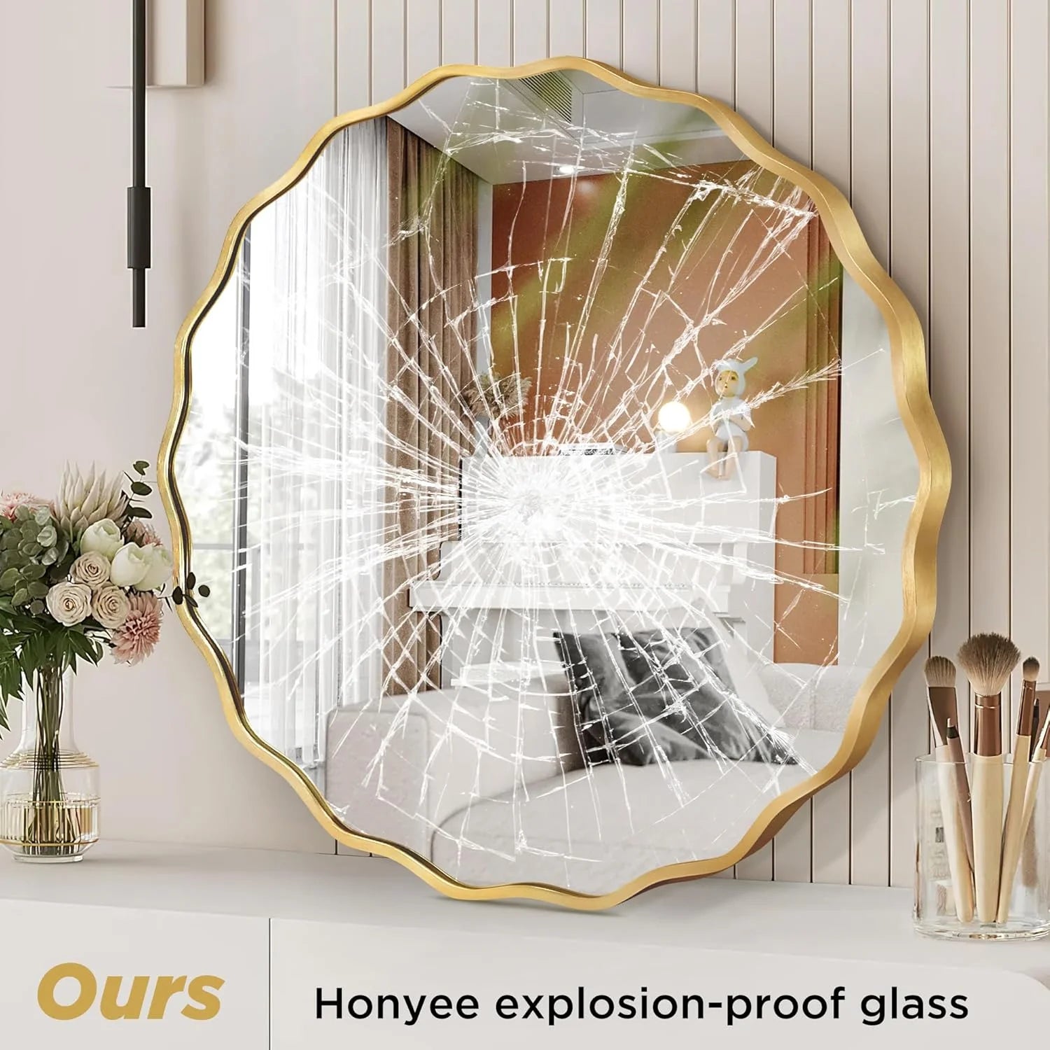 octopus Gold Round Wavy Mirror for Wall, 24"x24" Circle Scalloped Wall Mirror with Brushed Alloy Steel Frame&Shatter-Proof Glass, Hanging Decorative Mirror for Bathroom, Bedroom, Entryway