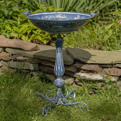 Zaer Ltd. Ornate Pedestal Style Birdbath with Cast Iron Birds on Rim (Blue)