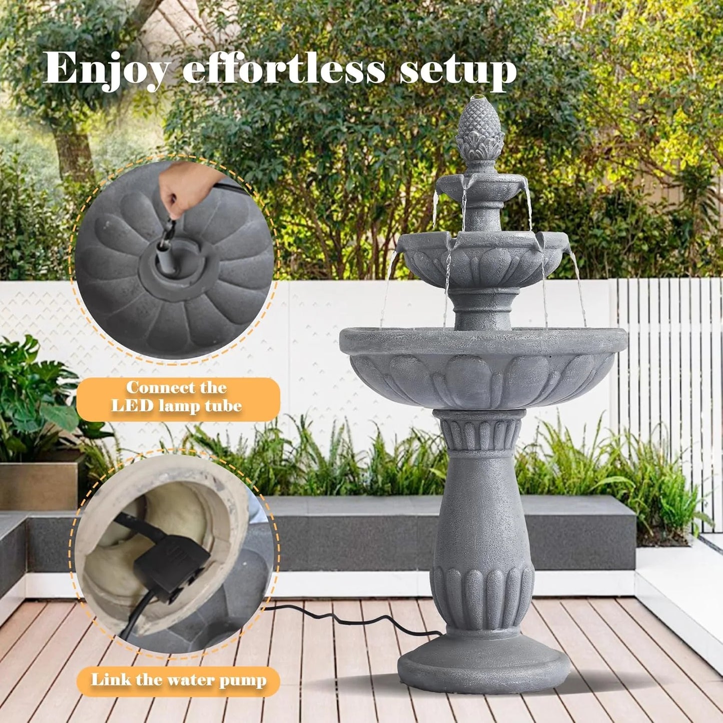 Haverchair 40.6" High Large Italian Outdoor Water Fountain, 3-Tier Standing Bubbler Waterfalls Fountain with Pineapple Top and Roman Pillar, Resin Garden Water Fountains for Bird Bath Patio Yard Deck