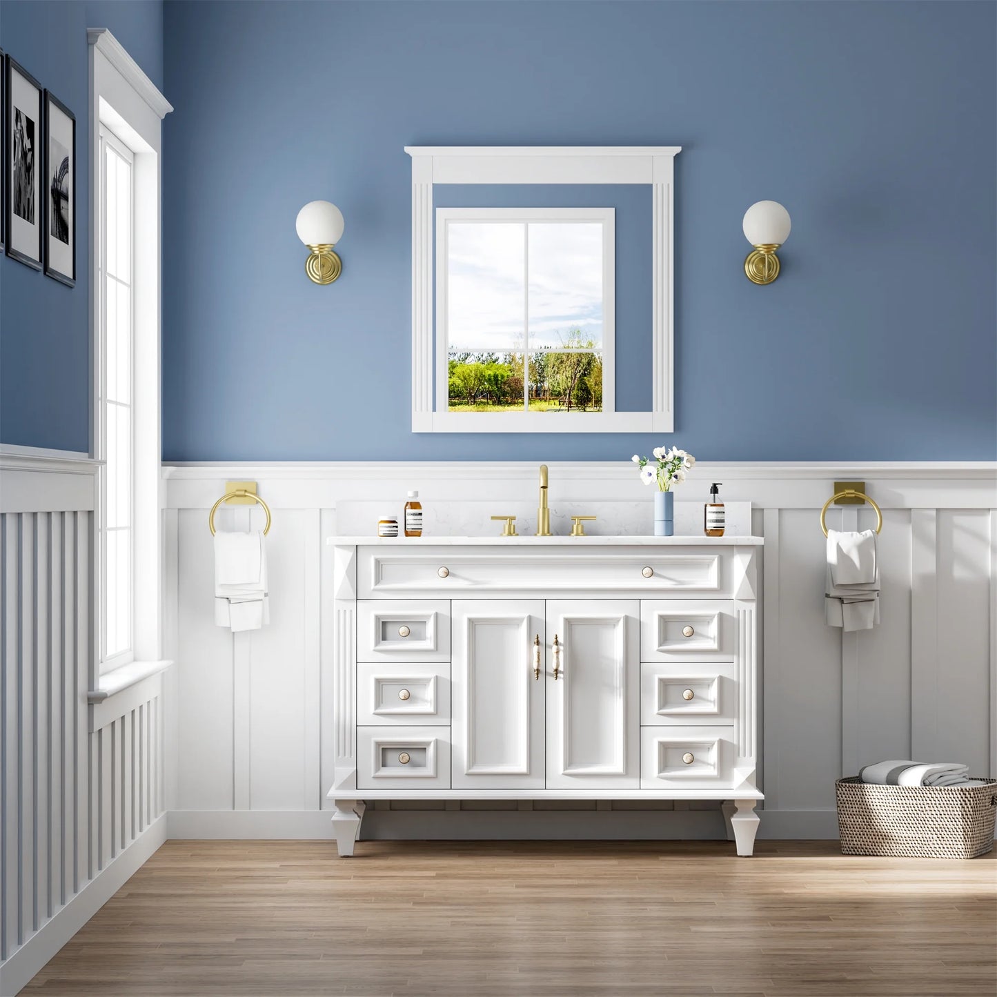 ANGELES HOME 33" x 32" Wall-Mounted Vanity Mirror, Solid Wooden Framed Makeup Mirror, Bathroom Wall Mirror for Bedroom Living Room Entryway, White