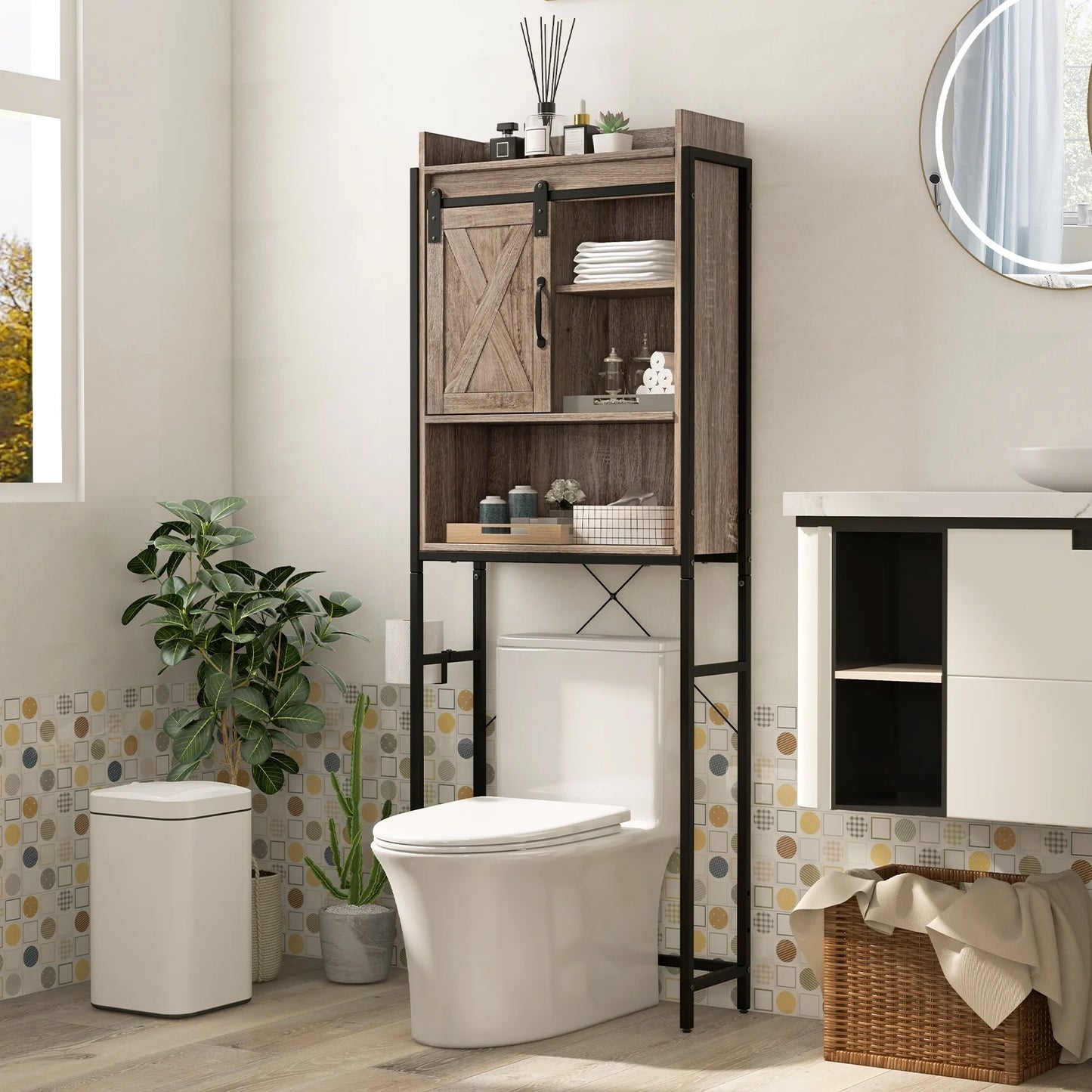 Topbuy Over The Toilet Storage Cabinet 4-Tier Bathroom Organizer w/ Adjustable Shelves Sliding Barn Door & Toilet Paper Holder Rustic Brown
