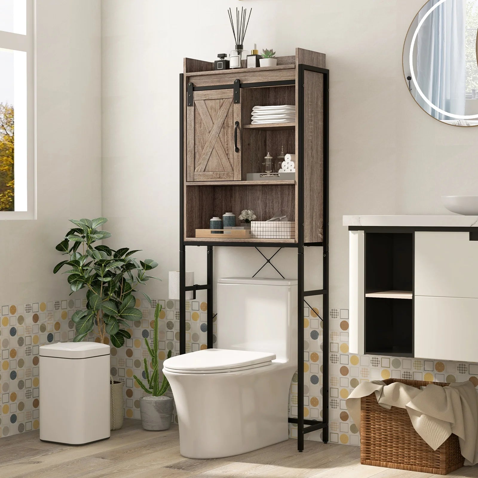 Topbuy Over The Toilet Storage Cabinet 4-Tier Bathroom Organizer w/ Adjustable Shelves Sliding Barn Door & Toilet Paper Holder Rustic Brown
