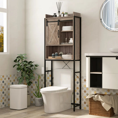 Topbuy Over The Toilet Storage Cabinet 4-Tier Bathroom Organizer w/ Adjustable Shelves Sliding Barn Door & Toilet Paper Holder Rustic Brown