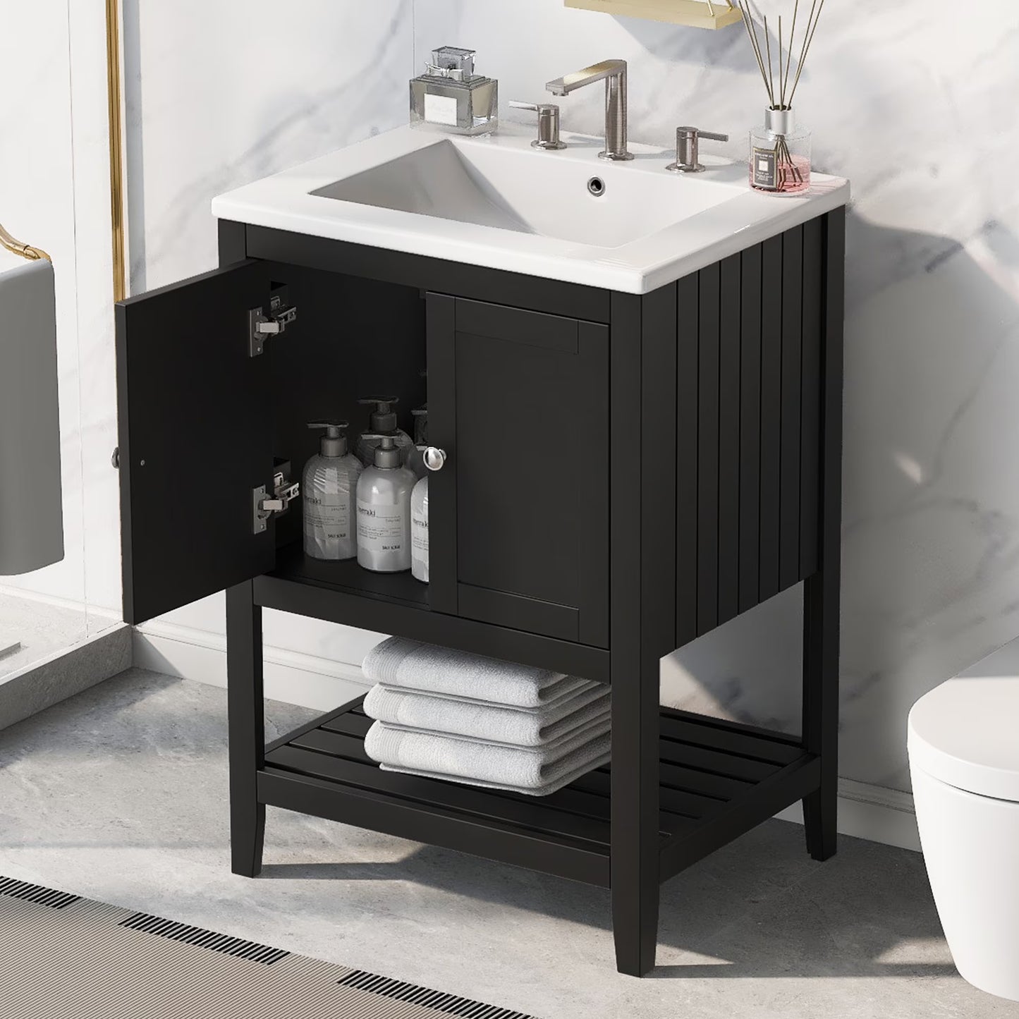 Harper & Bright Designs 24" Bathroom Vanity with Sink Set, Bathroom Vanity Cabinet with Ceramic Top and Drawer, Natural