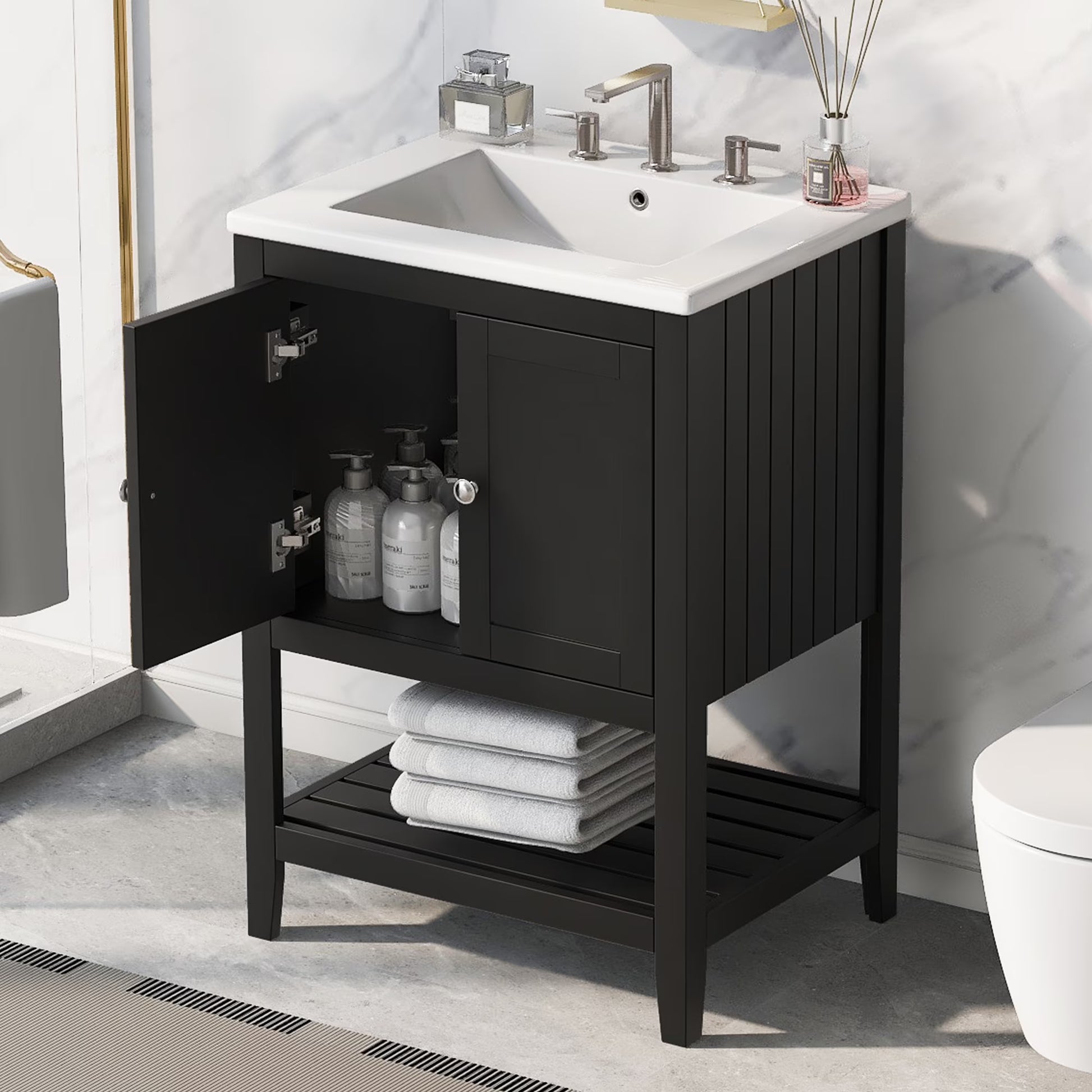 Harper & Bright Designs 24" Bathroom Vanity with Sink Set, Bathroom Vanity Cabinet with Ceramic Top and Drawer, Natural