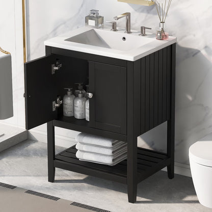 Harper & Bright Designs 24" Bathroom Vanity with Sink Set, Bathroom Vanity Cabinet with Ceramic Top and Drawer, Natural