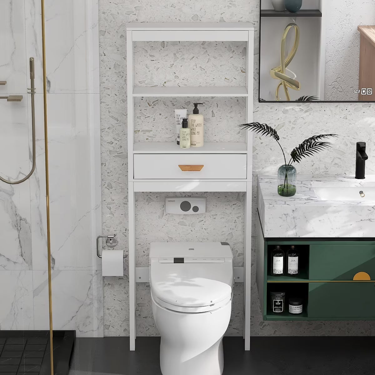 Over The Toilet Storage Cabinet with Drawer and 2 Shelves,Bathroom Space Saver Storage Rack,Toilet Shelf Organizer,White