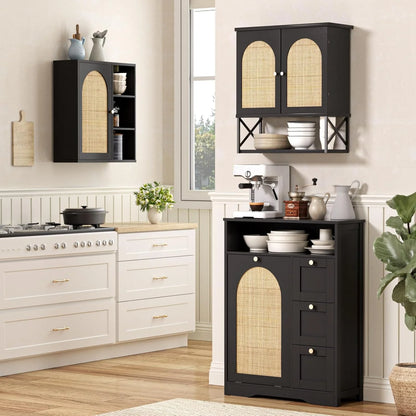 VEANERWOOD Rattan Bathroom Wall Storage Cabinet with Double Doors and Adjustable Shelves, Medicine Wall Storage Cabinet for Kitchen, Toilet, Bathroom