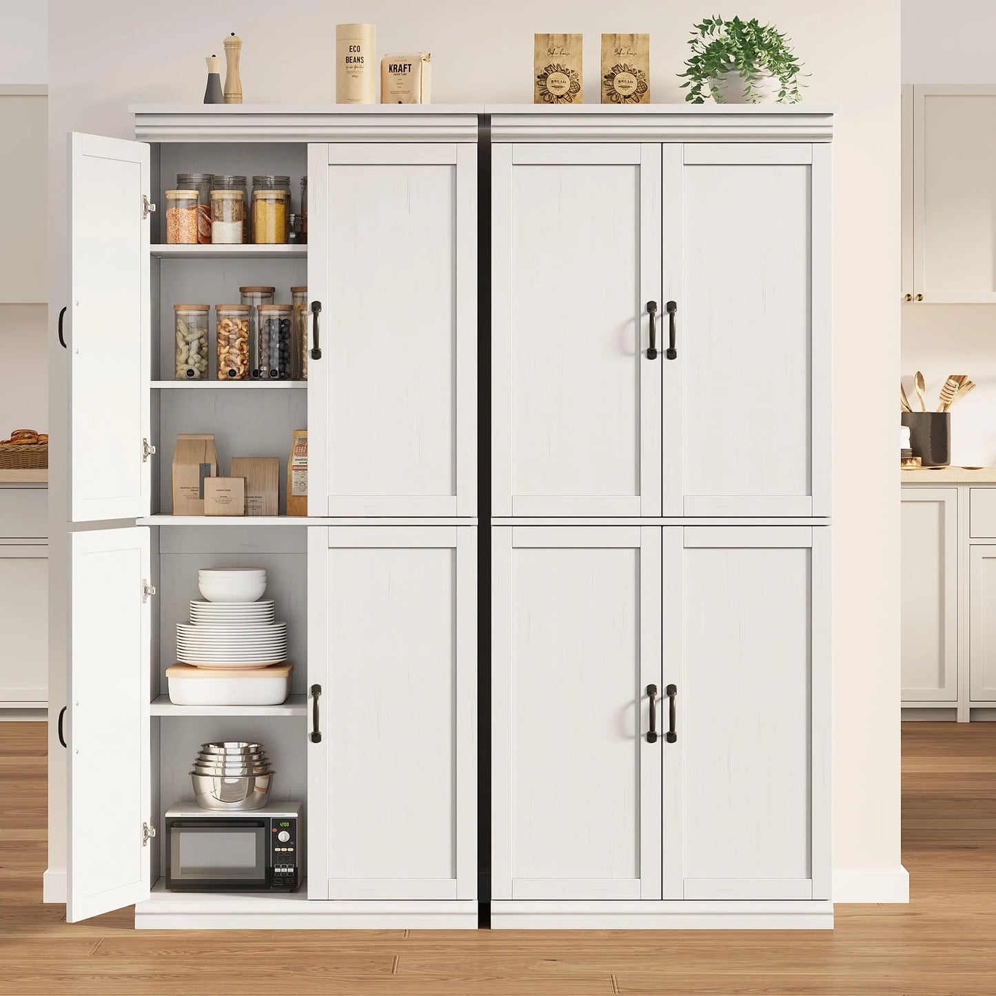 DSstyles Pantry Cabinet, Freestanding Kitchen Pantry Storage Cabinet,70" Cupboard, Tall Storage Cabinet with Doors and Adjustable Shelves, for Bathroom, Dining Room, Living Room, Antique White/Gray