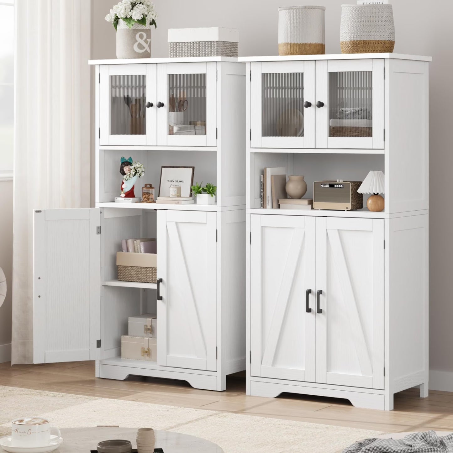 AOILE Farmhouse Bathroom Storage Cabinet with Glass Doors & Adjustable Shelves, Freestanding Kitchen Pantry Cabinet