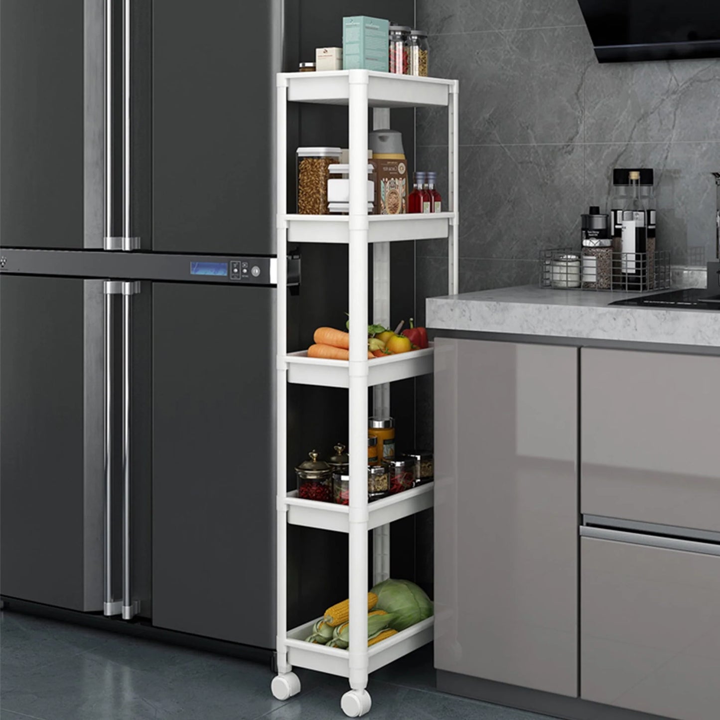 Untyo 5-Tier Slim Bathroom Storage Cart with Rolling Wheels,Kitchen Rolling Utility Cart for Narrow Space, White
